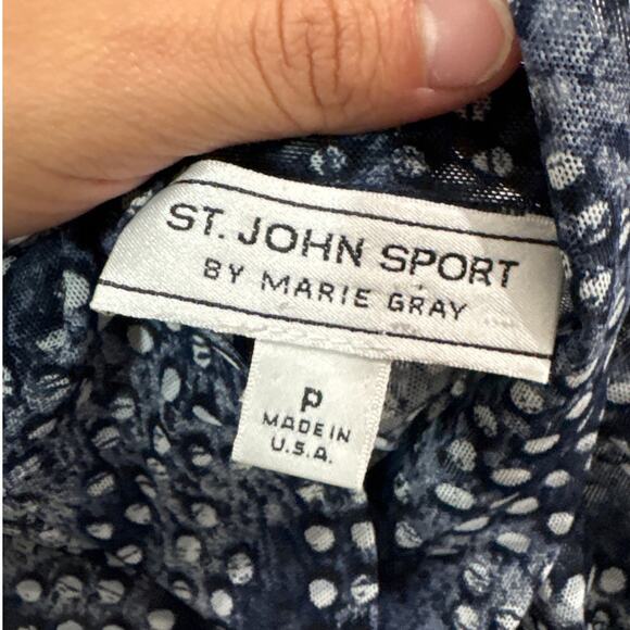 ST. John Women Small Blue Mock Neck Sheer Mesh Abstract Artsy Long Sleeve Blouse - Picture 4 of 6